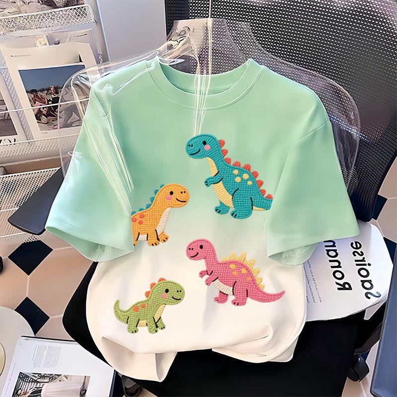 Girls' Fashionable Dinosaur Top - Summer Children's Casual Loose Pure Cotton T-shirt