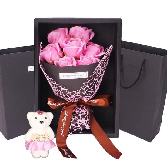 Valentine's Day Flower Bouquet with Bear And Gift Box 7 Scented Soap Flowers Artificial Rose Carnation Bouquet for