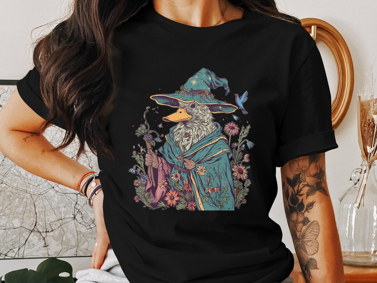 Cute Wizard Duck T-Shirt, Cottagecore Aesthetic Shirt, Whimsical Bird Design Tee, Unique Graphic Tee, Nature Lover Gift, Magic Duck Top 2XL