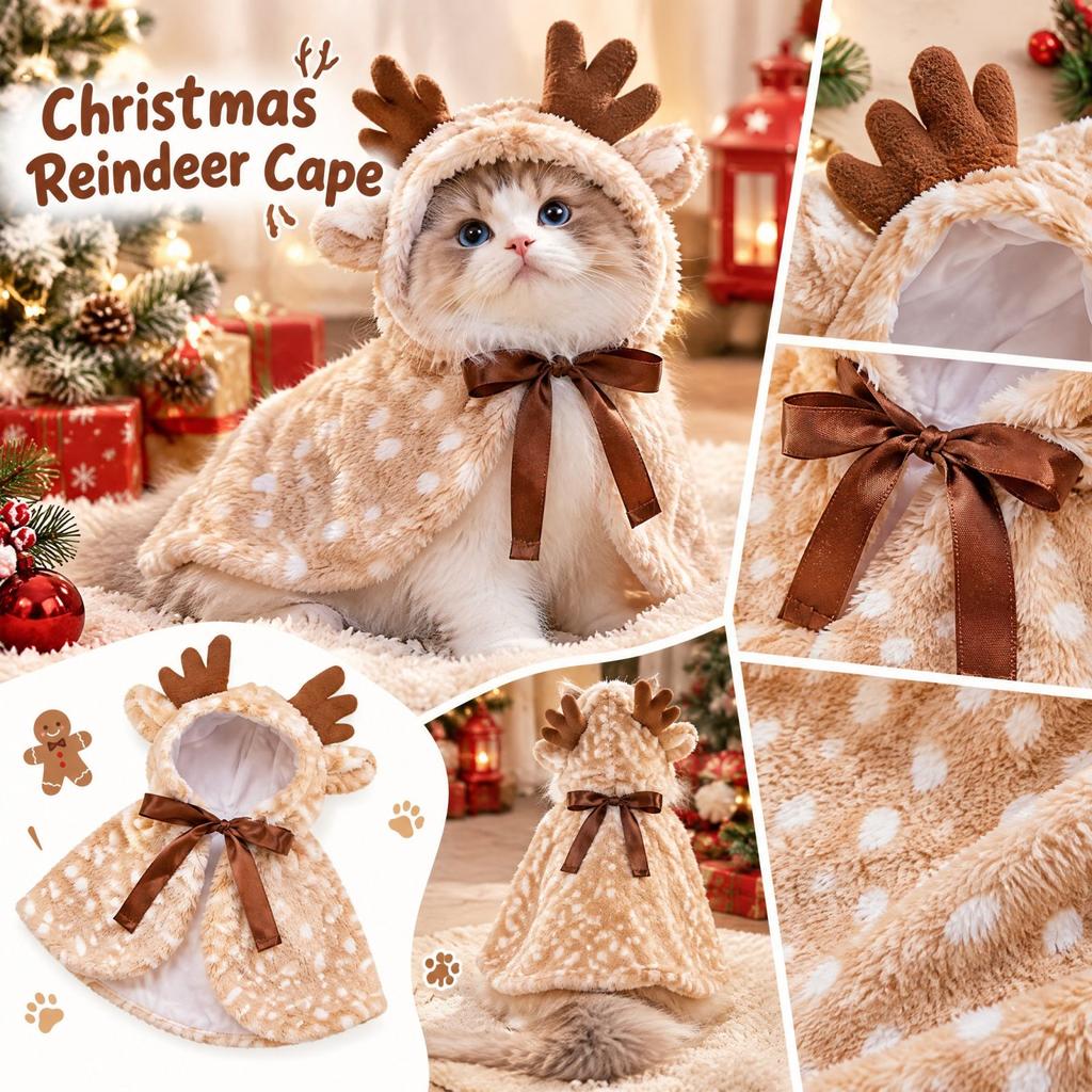 Christmas Cape with Antlers, Festive Pet Holiday Costume Cloak for Cats and