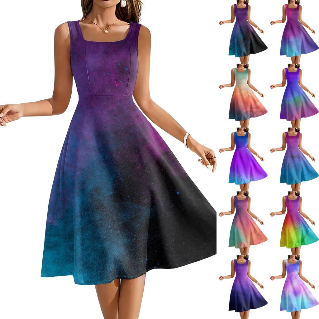 Sleeveless Square Neck Gradient Print Midi Dress for Women Casual A Line Summer Sundress Soft Fabric Flowy Skirt