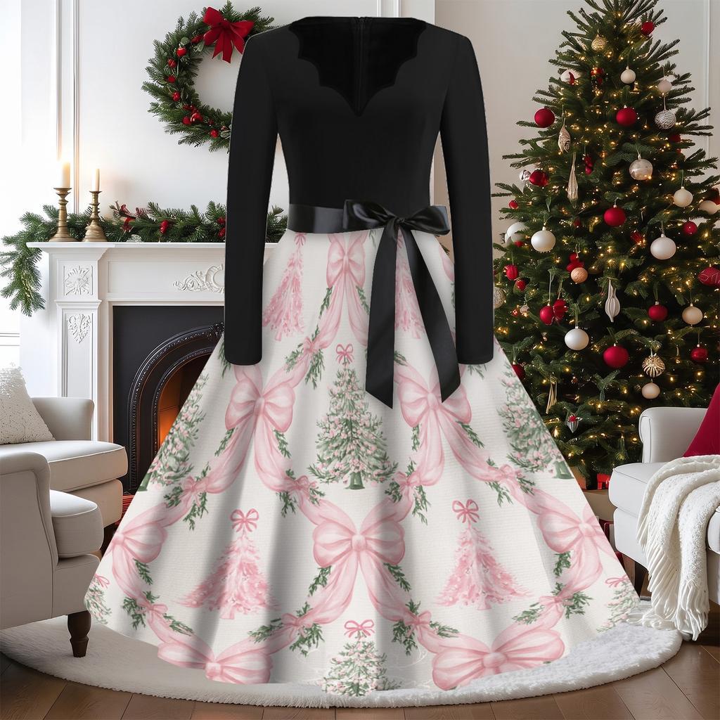 Women's Casual Vintage V-Neck Long Sleeve Dress with Christmas Print for Holiday Party