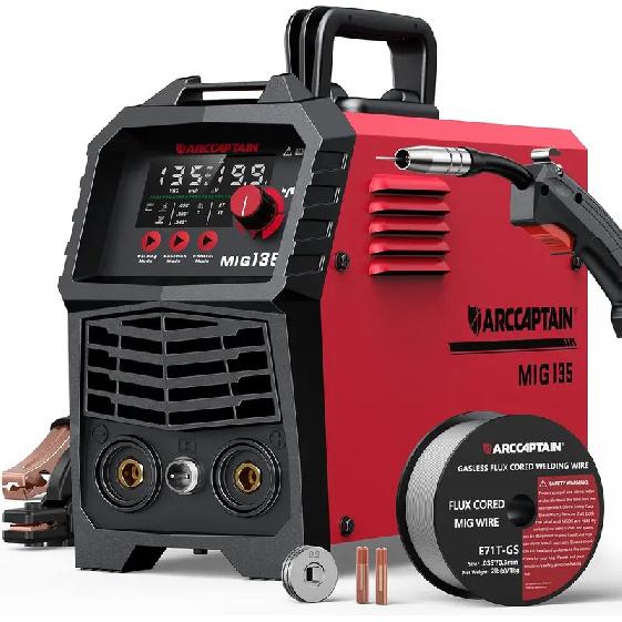 135A MIG Welder with Large LED Display, 110V 3-in-1 Gasless Machine for Flux Core, Lift TIG, Stick Welding