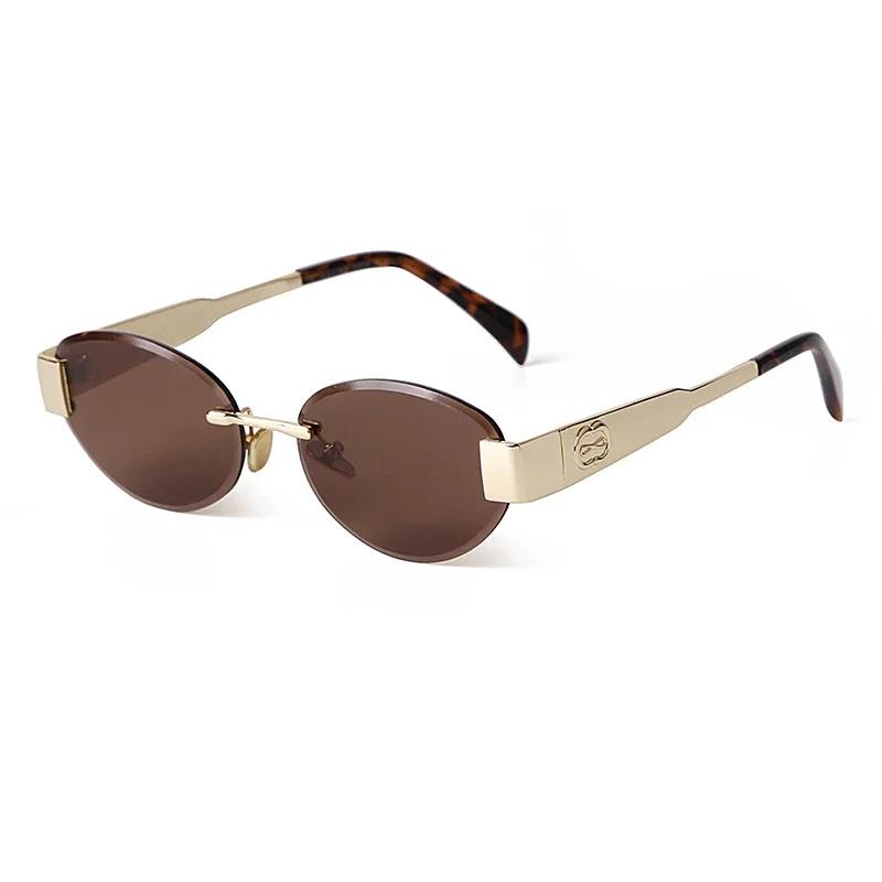 Luxury Metal Frame Women Rimless Oval Sunglasses Design Brown Sun Glasses Men Classic Frameless Round Shades Sun Glasses