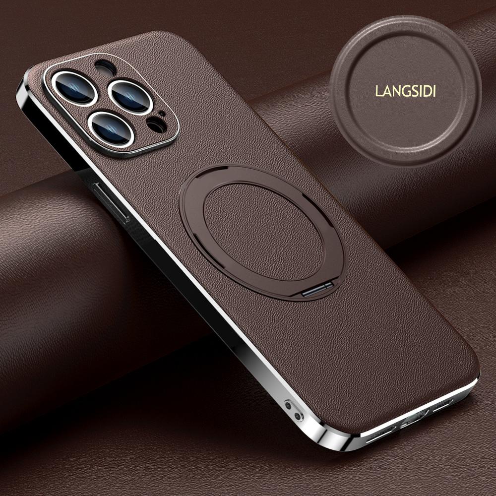 Genuine Leather for Magsafe Phone Case for iPhone 16 14 12 13 15 Pro Max 16Pro Luxury Lens Protection Magnetic Holder Back Cover