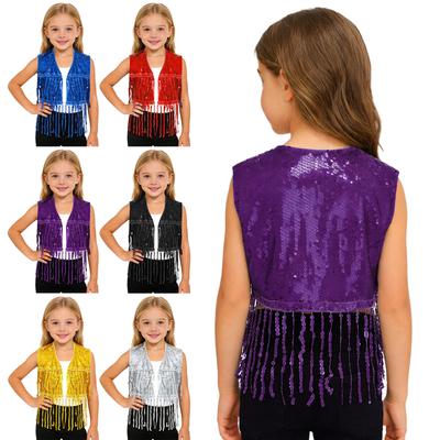 Všestranná dievčenská tanečná vesta: Lesklý crop top s třásňami a flitrami, bez rukávov, pre jazz, cha-cha, Halloween a tematické večierky