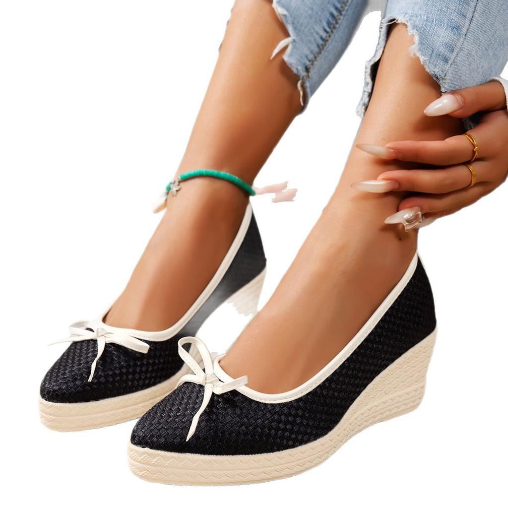 French Xiaoxiangfeng High Heels Women's Wedge Heel Temperament Bow Pointed Single Shoes