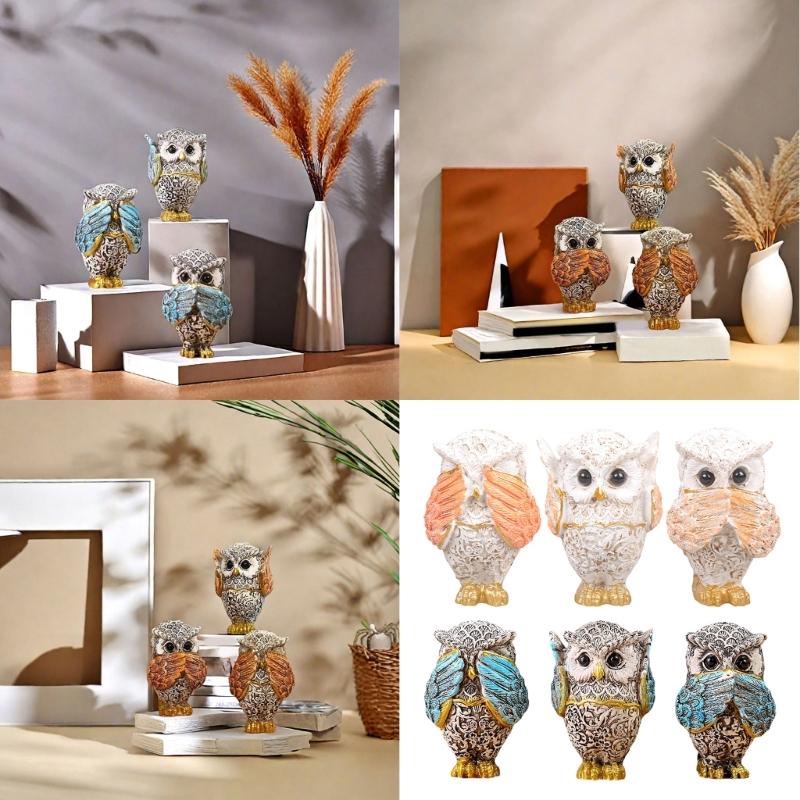3 Stück Eulenfiguren Dekore Höre Nichts Sehe Nichts Sage Nichts Tierskulptur Ornamente für Wohnzimmer Büro Bücherregal Dekore