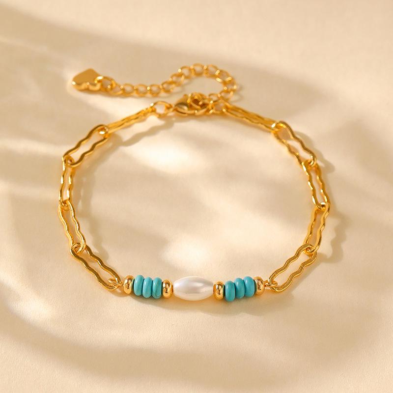 Elegant Niche 18k Gold Plated Copper Pearl Turquoise Bead Bracelet For Women