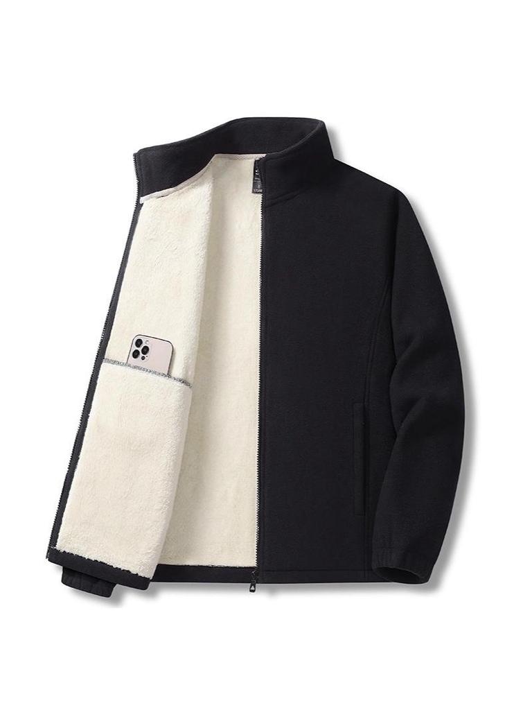 Men's Warm Winter Two-Piece Set: Stand-Collar Lambswool Fleece Jacket and Casual Pants.