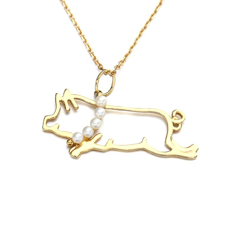 9K Solid Gold Necklace Sweater Chain Pendant with Natural Freshwater Pearl Cute Pet Pig Pendant for Women Natural Freshwater Pearl Cute Pet Pig Pendant