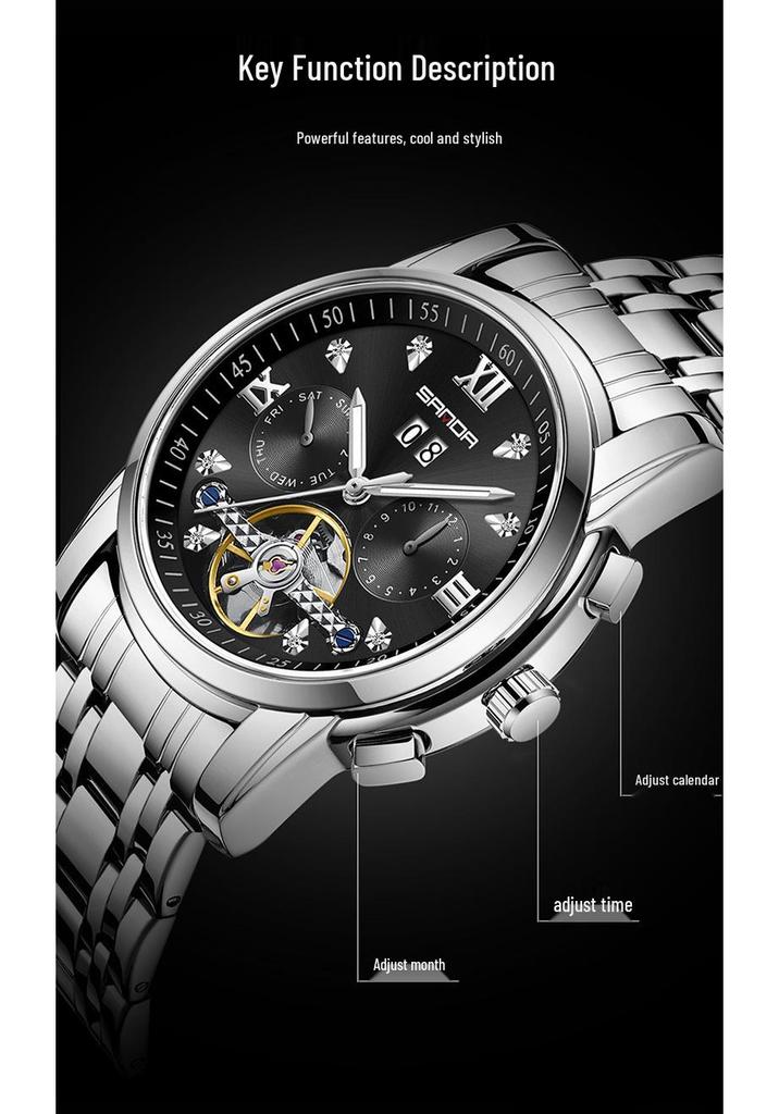Sanda Men's Automatic Tourbillon Watch with Calendar - Trendy and Cool Design