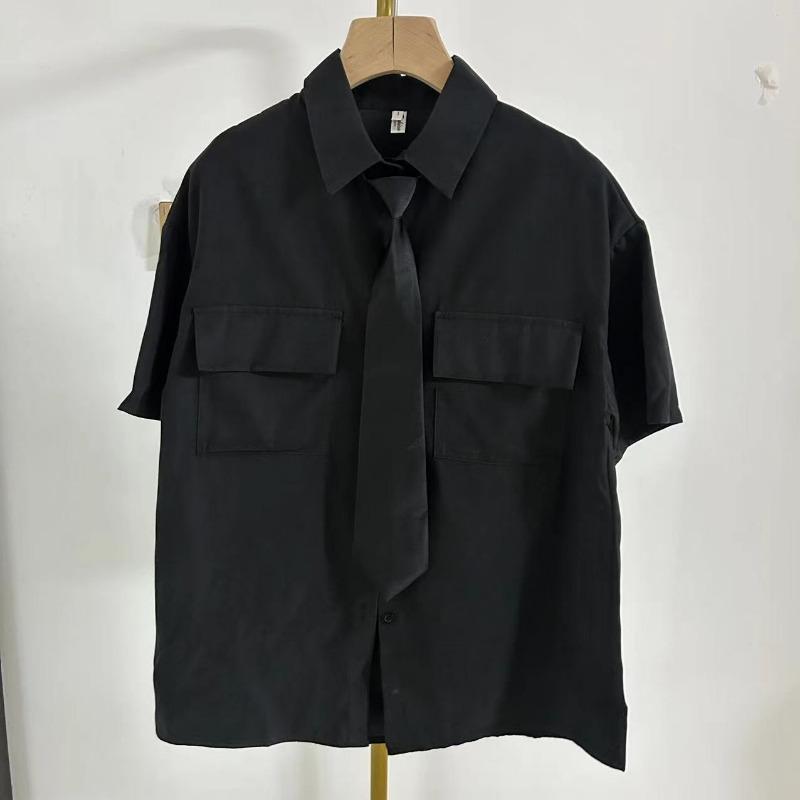 

Черная рубашка с коротким рукавом, ожерелье, украшение, женская карманная дизайнерская блузка, летняя свободная рубашка с воротником, красивый блузас в консервативном стиле XL