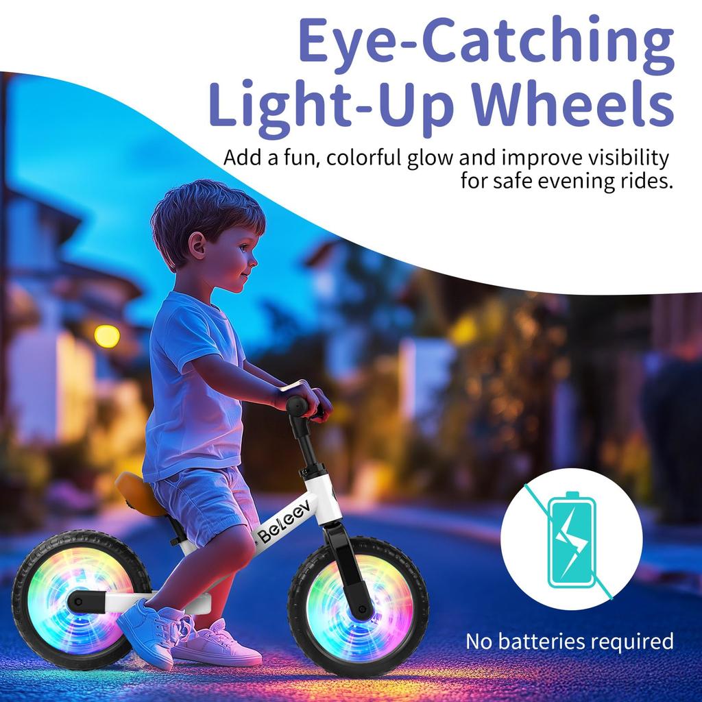 BELEEV 12-inch Kick Bike for Ages 2-6, Pedal-Free Run Bike with Lightweight Adjustable Seat and Handlebars, Illuminated Wheels, and Carrying Strap