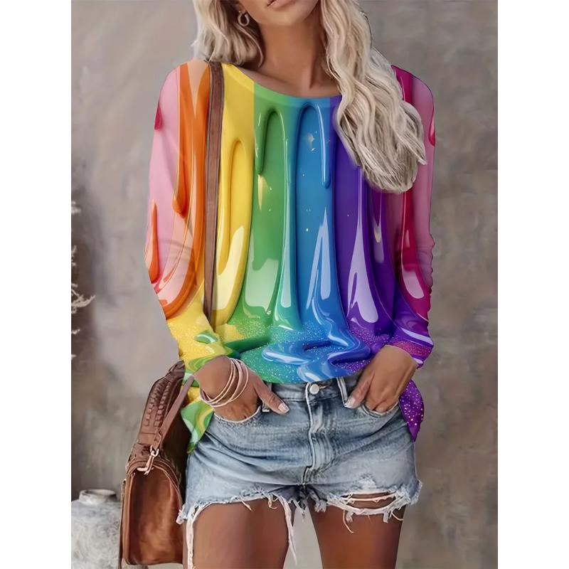 Modisches Damen Rundhals Langarm 3D Lässiges Farbdruck Westliche Linie Langarm Rundhals T-Shirt