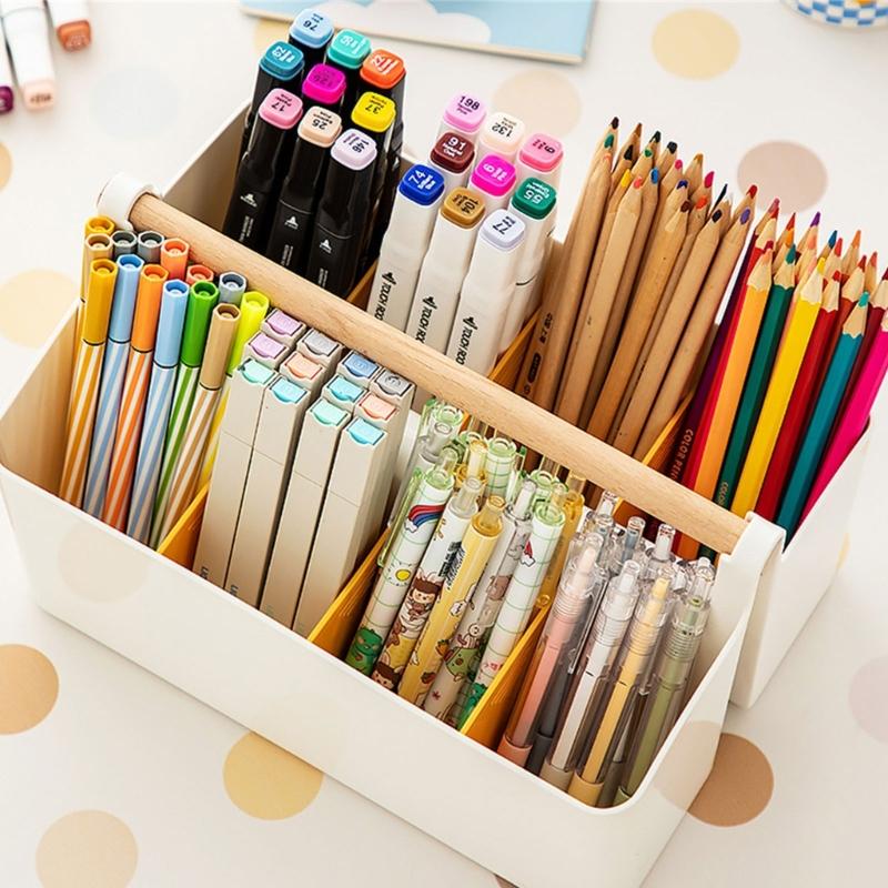 Practical Storage Box with Wooden Handle Multi Compartment Table Storage Box for Sorting Stationery Notebooks Folders