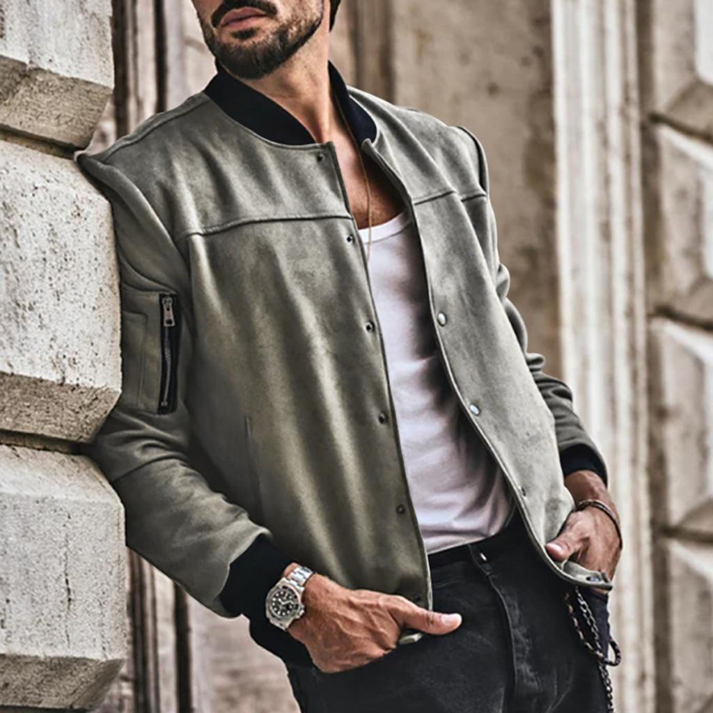 Men's Casual Stand-up Collar Colorblock Skirt Pocket Button Cardigan Jacket