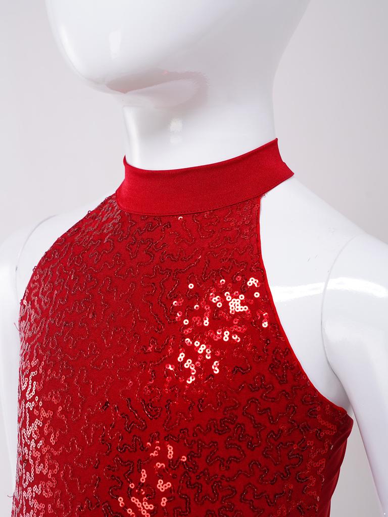 Girls Shiny Sequins Halter Sleeveless Backless Skirted Jumpsuit Latin Dance Performance Costume