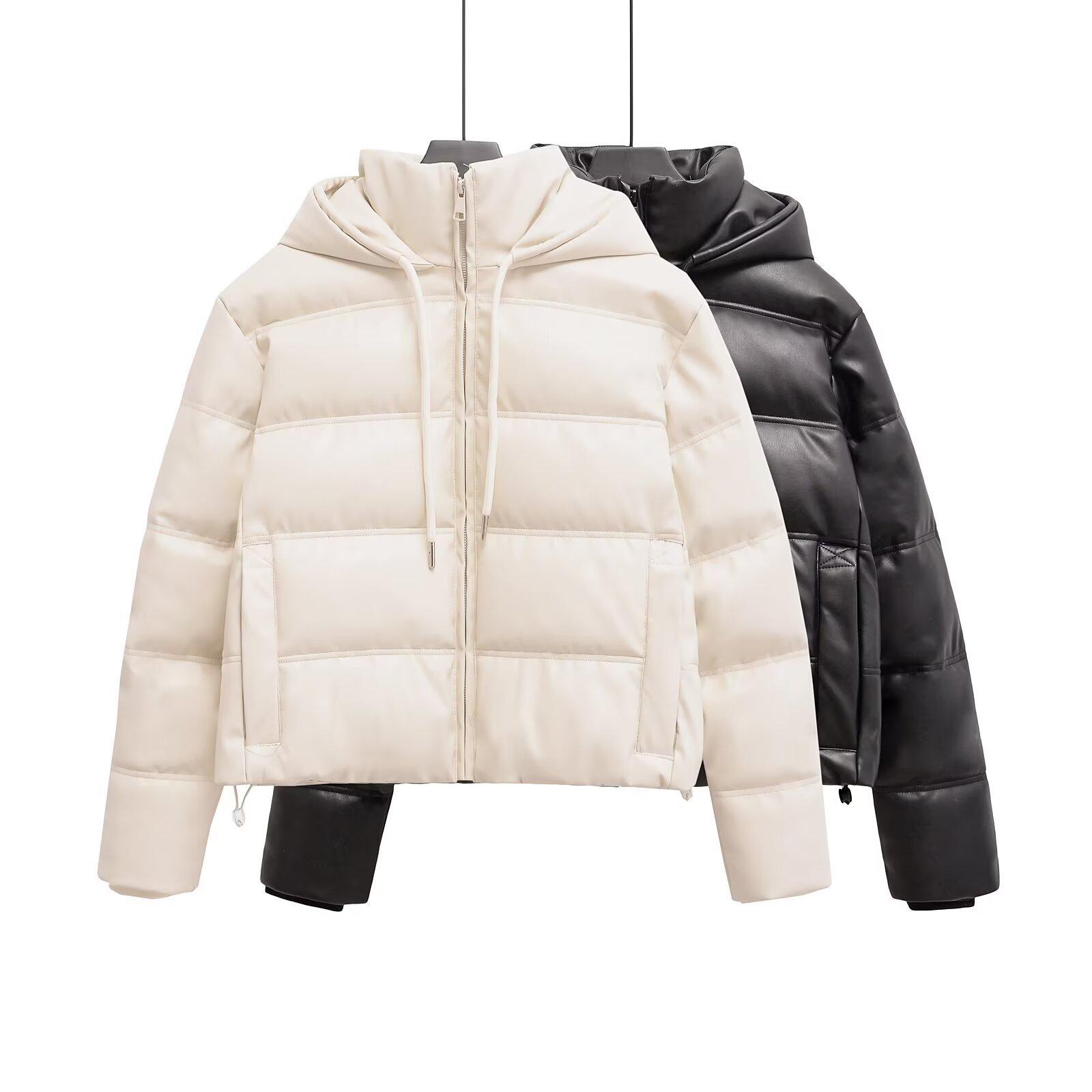 

2024 Winter Women s Faux Leather Hooded Jacket Cotton-Padded Coat Large