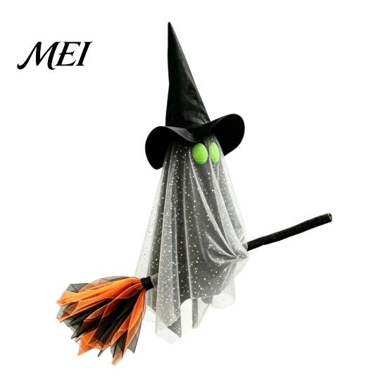 Festive Party Atmosphere Accessory Halloween Ghost Witch Broom Hanging Ornament, Spooky Hat Floating Prop Pendants for Indoor Outdoor Haunted