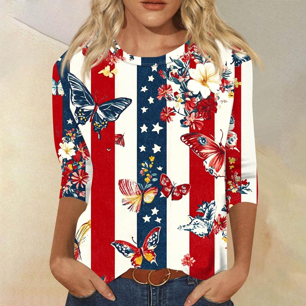 Dammode avslappnad rund hals 3/4 ärm lös tryckt T-shirt dam topp