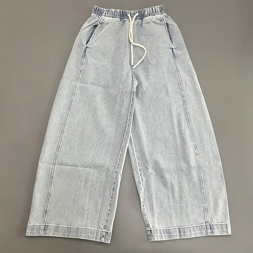 

Light Wash Lace-Up Wide-Leg Denim Pants - Women s Elastic Waist, Loose Slim-Fit Cropped Style Medium светло-синий