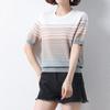 Women's Ice Silk Striped Short-Sleeve T-Shirt, Summer 2023 Style, Belly-Covering Top for Middle-Aged Mothers