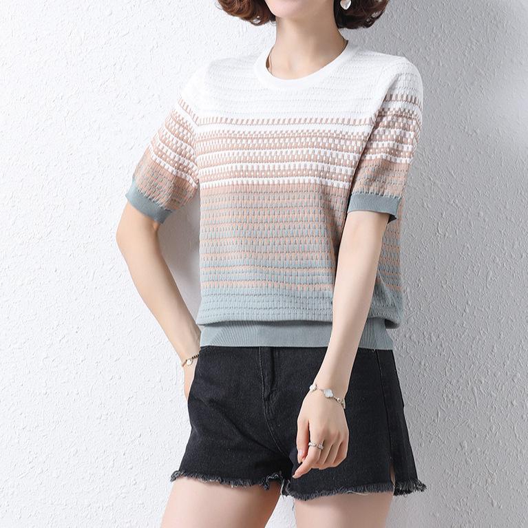Women's Ice Silk Striped Short-Sleeve T-Shirt, Summer 2023 Style, Belly-Covering Top for Middle-Aged Mothers