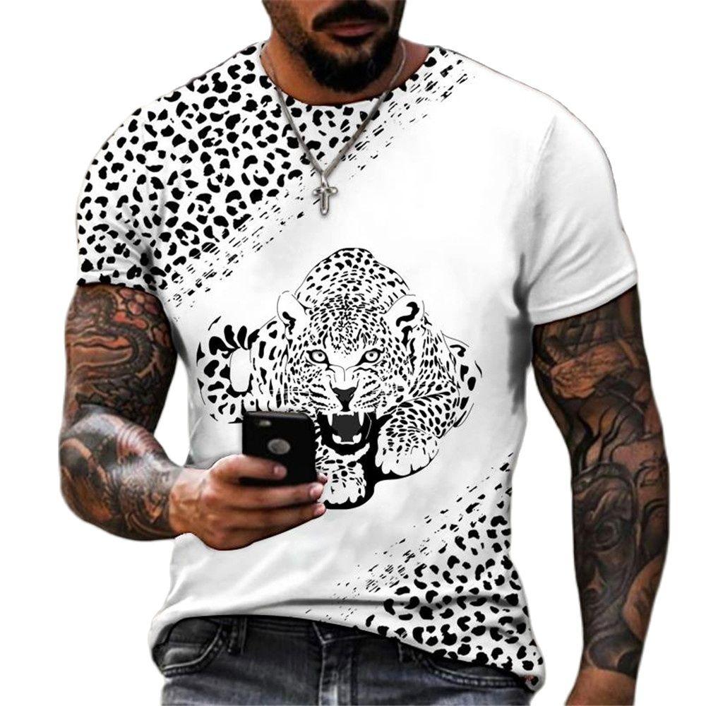 Animal World Leopard 3D Printed T-shirts Summer Street Trendy 0-Neck Short-sleeved Oversized Men's T-shirts