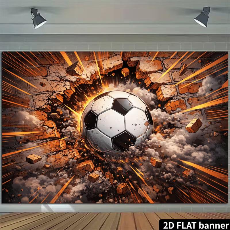 2D Soccer Ball Breaking Through Brick Wall with Explosion Effects Backdrop