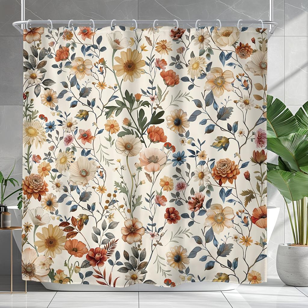 Retro Shower Curtain - Wild Flowers & Weeds, Waterproof, 12 Hooks, 71In, Modern Bath