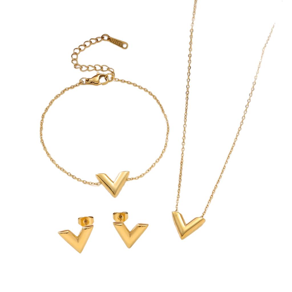 3PCS High-end V-letter Necklace Bracelet Earrings Do Not Fade Titanium Steel Three Piece Set