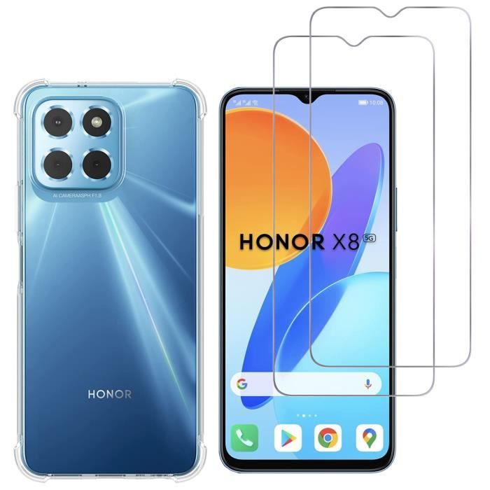 Coque antichoc - PHONILLICO - HONOR X8 5G - Silicone souple - Protection renforcée - 2 Verres Trempé