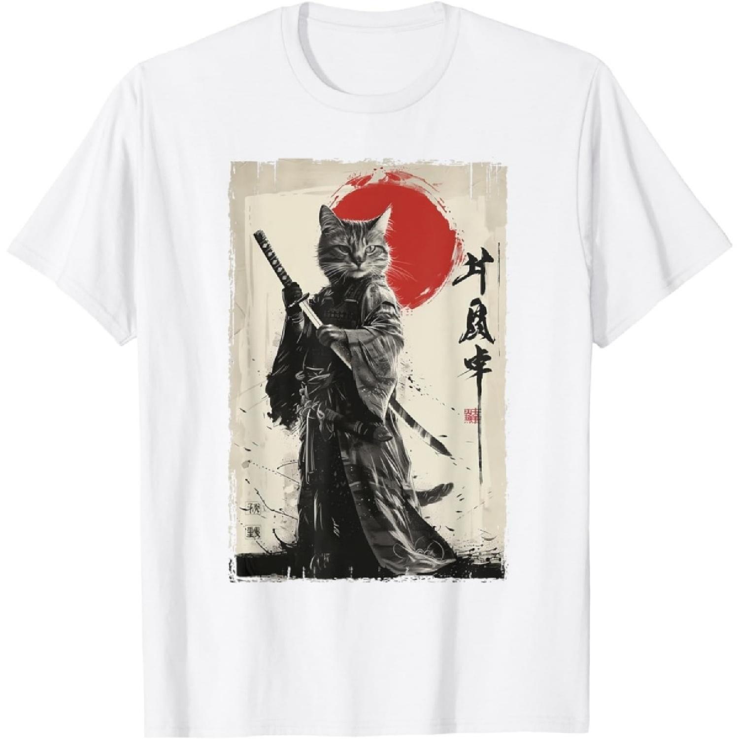 

HARCEWBK Retro Japanese Warrior Cat Art - Kawaii Japanese Samurai Cat T-Shirt XXXXXL білий