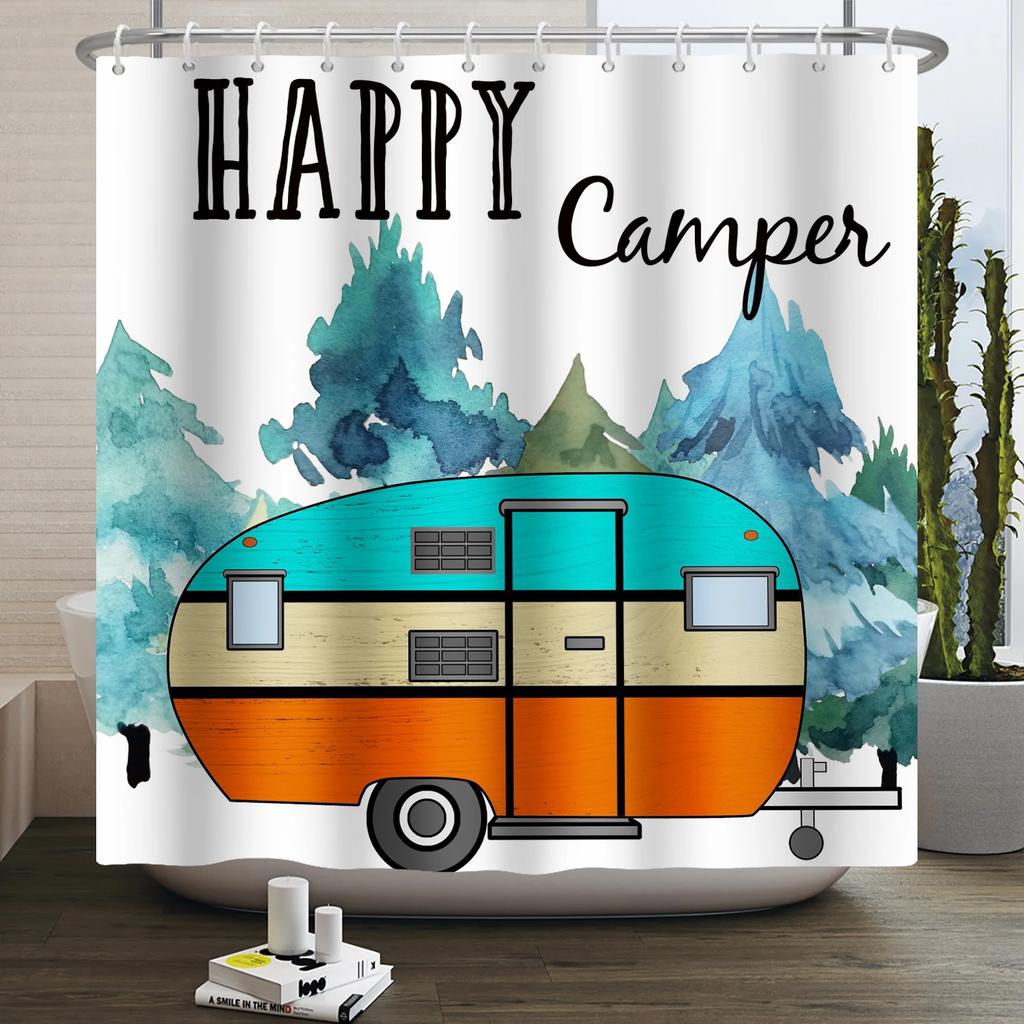Camper Shower Curtain Happy Camper Trailer Car Rv Forest Mountain Tent Camping Bathroom Shower Curtain Waterproof Bath Curtain
