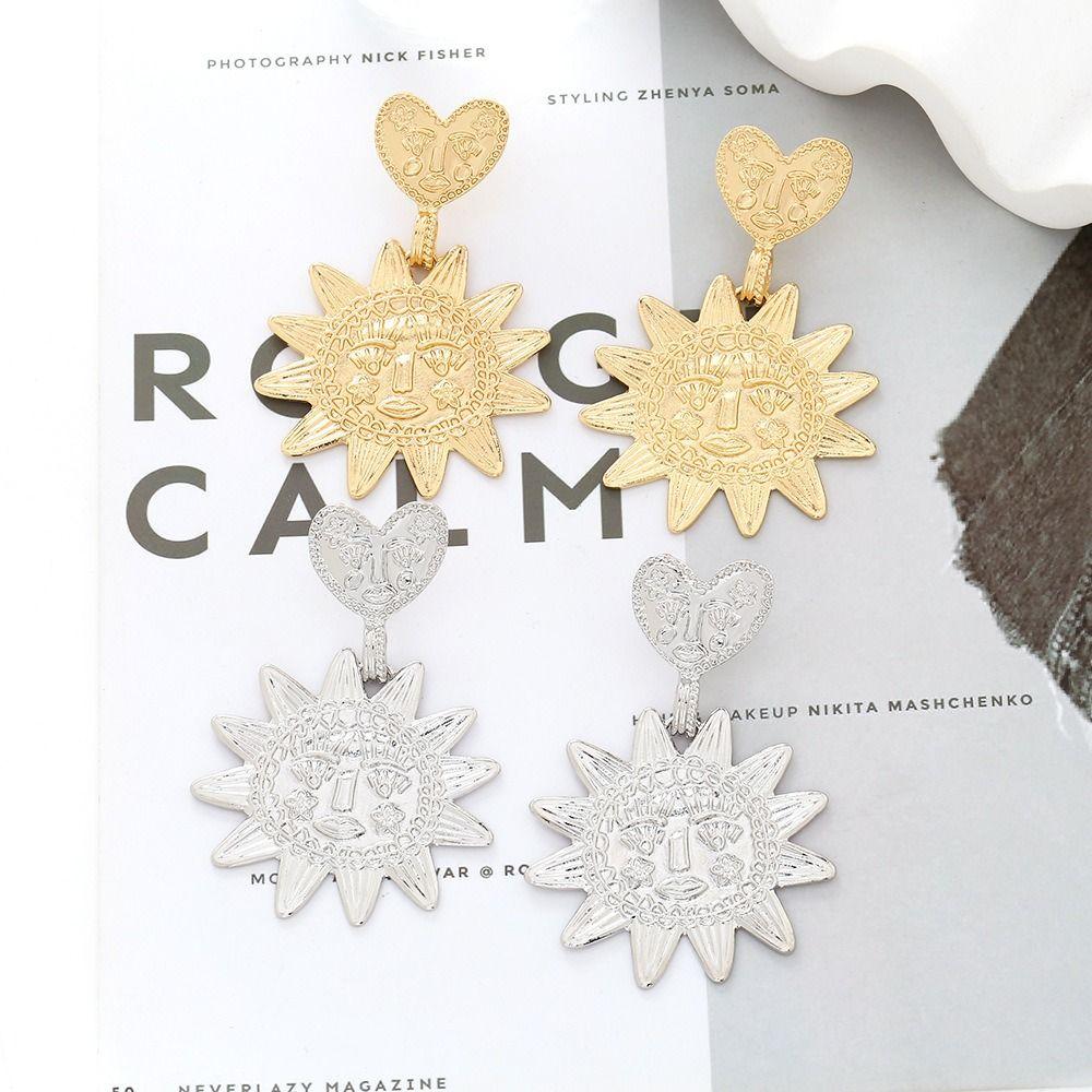 Elegant Mental Heart Sun Dangel Earring Banquet Ear Stud Face Sunflower Earrings  Party