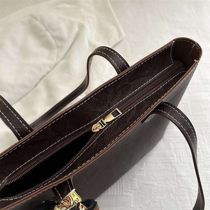 Women Vintage Pu Leather Tote Bag, Large Capacity Shoulder Handbag, Decorative Silk Scarf, Contrast Stitching, Office Work Daily Commuter Purse