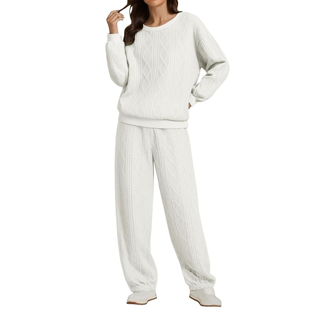 Women's Fashion Color Round Neck Long Sleeve Top Elastic Waist Casual Pants Loose Sports Two Piece Set
