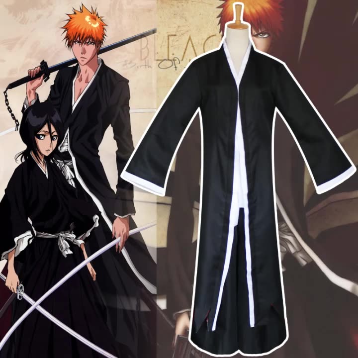 Bleach Cosplay Costumes Ichigo Kurosaki Wigs Ichigo Men Black Cloak With Straw Sandals BLACK WHITE Tops and Pants Set