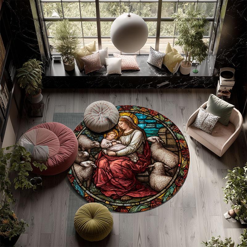 Virgin Mary & Jesus pattern round rug,Carpet Rug for Living Room Bedroom Playroom ,Non-slip Floor Mat,Holiday Gifts and Birthday Gifts.
