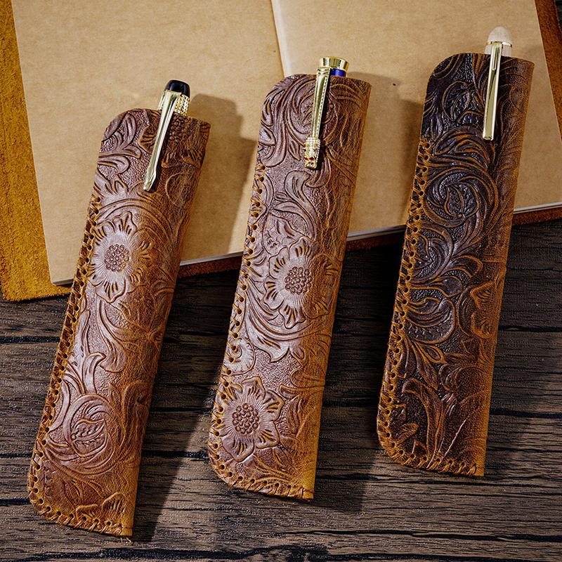 Reliéfní design Ručně vyrobená taštička na tužky Retro taštička na pera Pravá kůže Embossovaná květinová kapsička na pero Dárková ochranná taštička Držák na psací potřeby