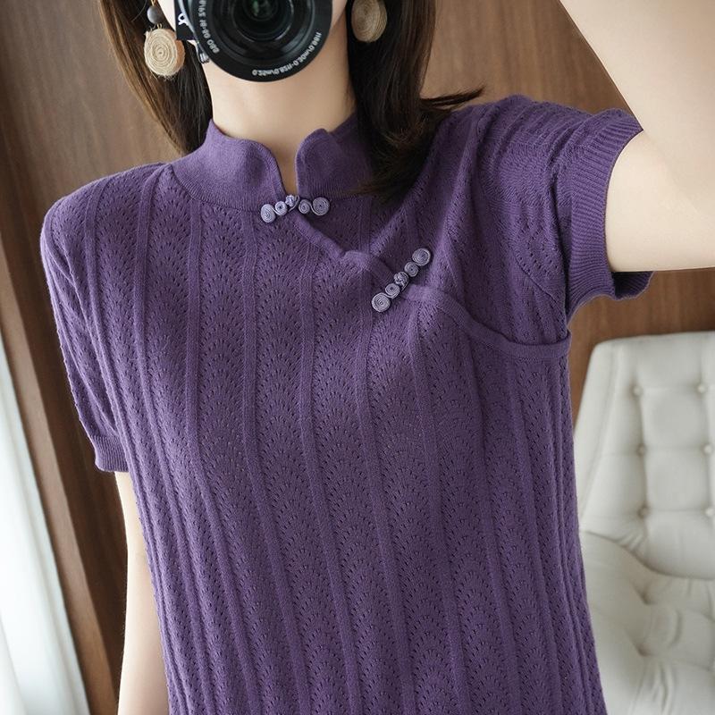 Soft New Chinese Hollow Stand Collar Pure Cotton Base Shirt for Women Short-sleeved Summer New Style Knitted T-shirt Top