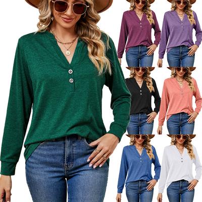 2024 European And American Autumn/Winter New Solid Color V-Neck Button Loose Long Sleeve T-Shirt Top For Women