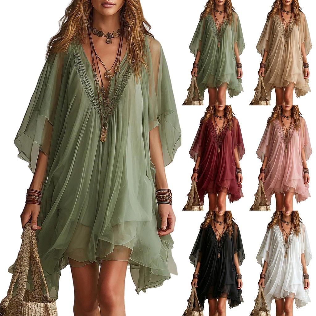 Robe Chiffon Couleur Col en V pour Femme - Vacances à la Plage, Tenue d'Été Décontractée