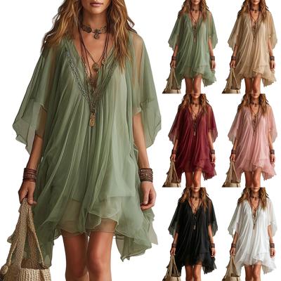 Women's V-Neck Chiffon Color Dress for Beach Vacation Casual Summer Wear