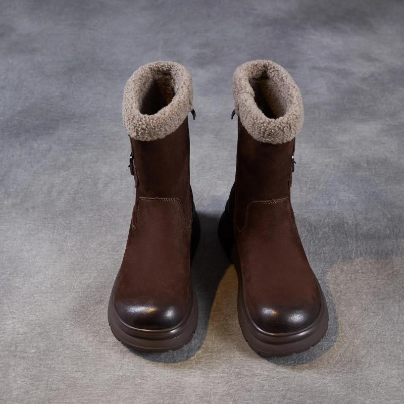 Johnature Anti Slip Thick Soled Snow Boots Belt Buckle Plush Warm Genuine Leather Women's Mid-calf Boots