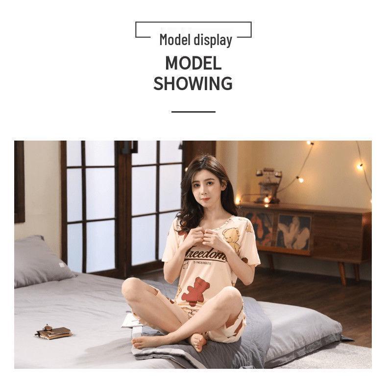 Women's Summer Korean Cartoon Pajama Set - Short-Sleeved Top with Seven-Point Pants