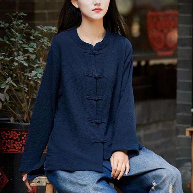 Spring Solid Color Stand Collar Full Sleeve Tops Women Vintage Single-breasted Cardigan Cotton Linen Shirts
