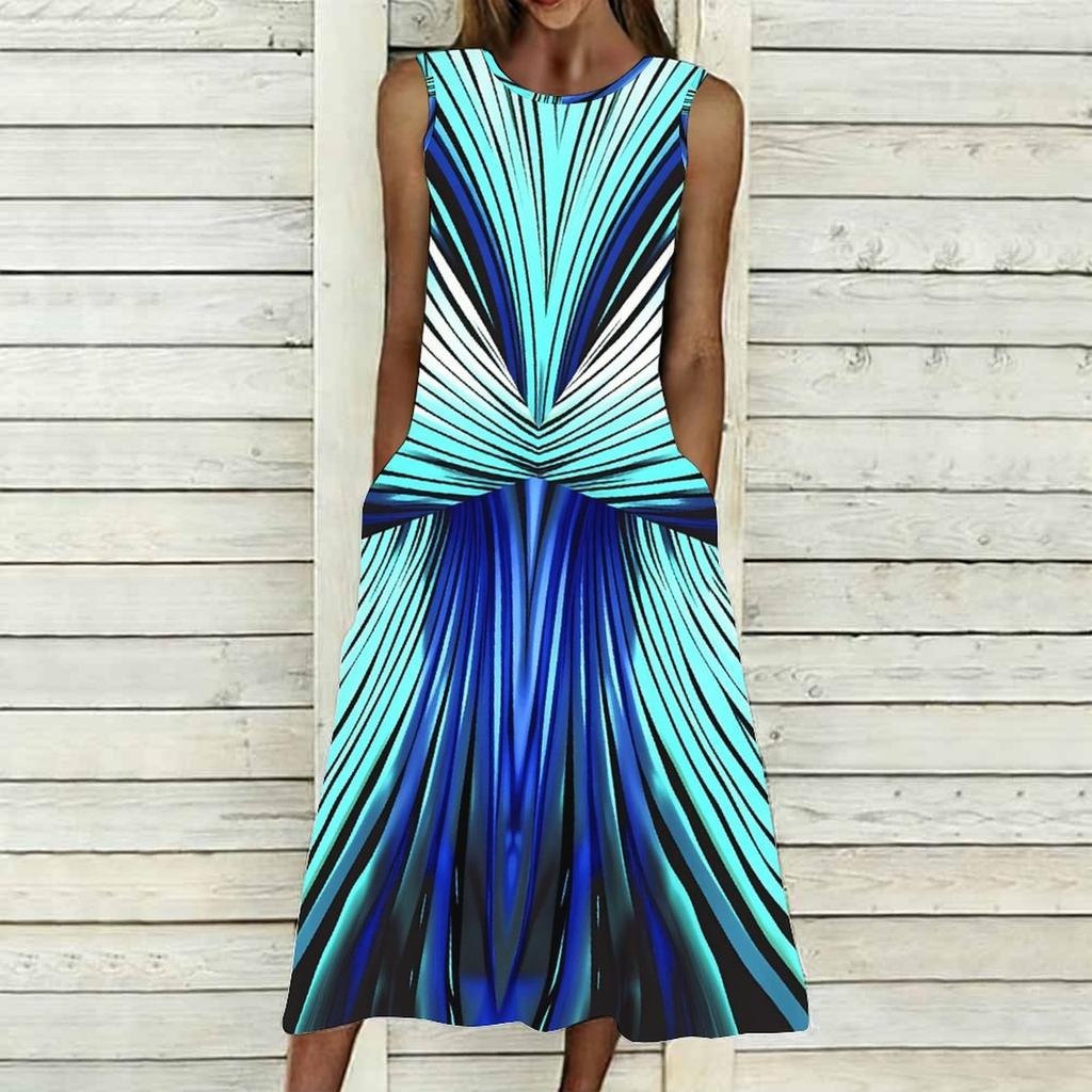 Oversized Women Sleeveless Round Neck Dress Elegant Mixed Floral Print Flowy Mid Length Dress