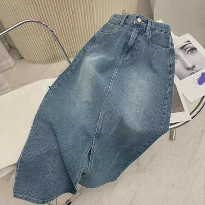 Saia jeans feminina de cintura alta e corte A, primavera de 2024